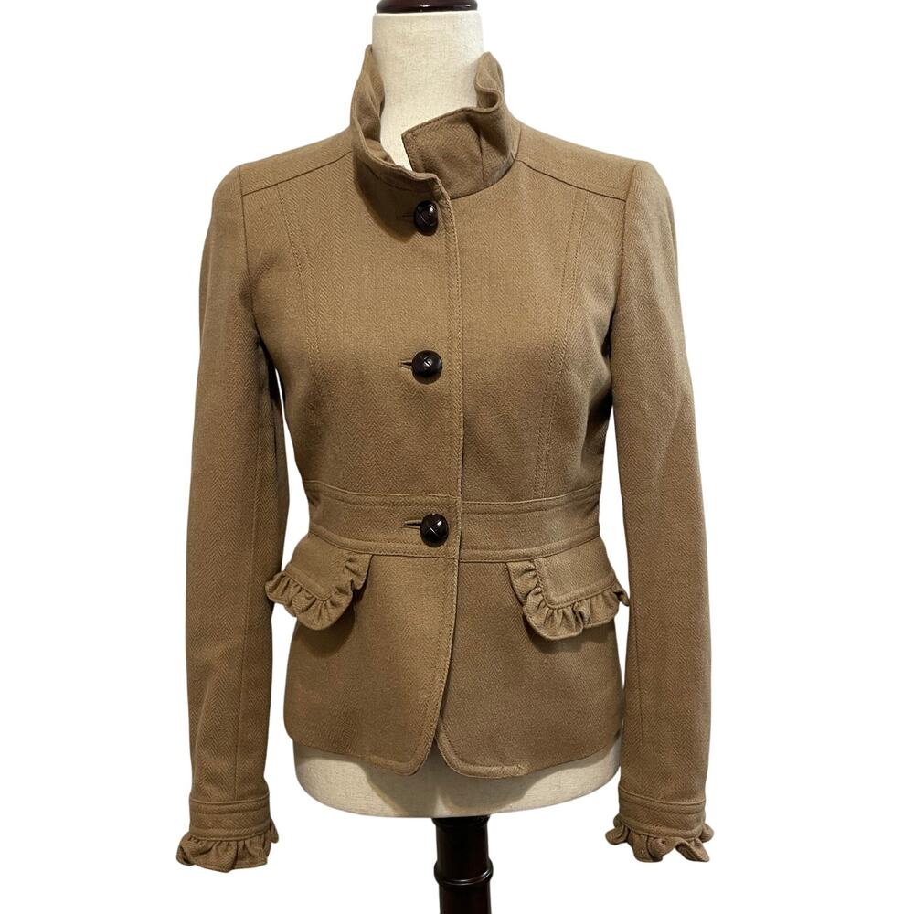 J. Crew Robert Noble Wool Blazer Jacket Ruffle Stand Up Collar Tan Women's 2